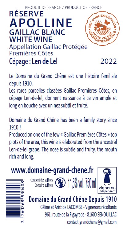 Réserve Apolline 2022 - Blanc sec AOP Gaillac Premières côtes – Image 3